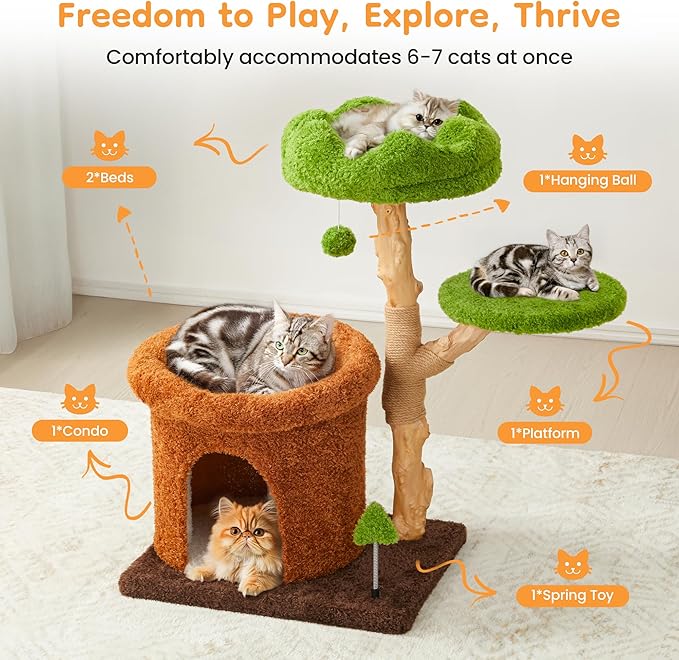 32-Inch Multi-Level Cat Tree Tower, Natural Wooden Cat Furniture with Sisal Scratching Posts, Beds & Condo, Cute Cat Tree for Indoor Cats, Multi-Cat Householdsolds