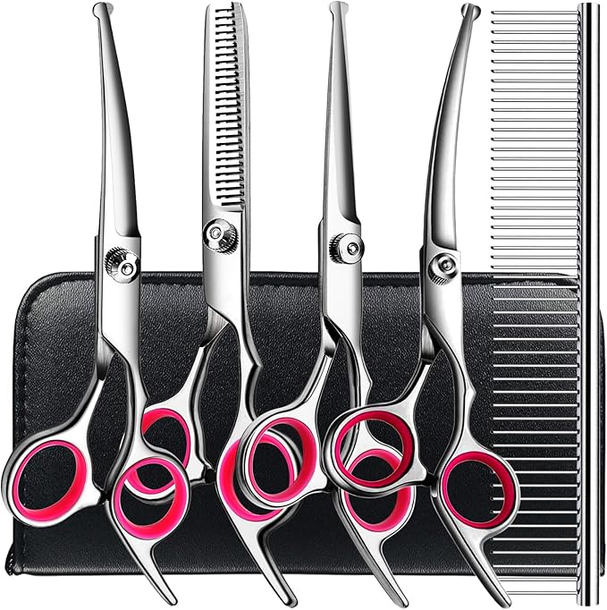 6 in1 Professional Dog Grooming Scissors Kit, Dog Shears for Grooming with Safety Round Tips, Titanium Coated Grooming Scissors for Dogs Cat Pet At Home