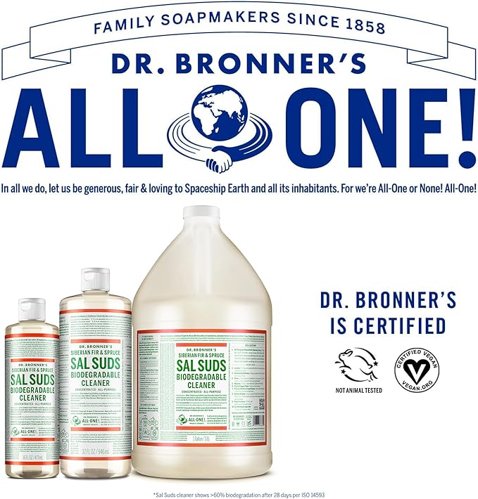 Dr. Bronner's - Sal Suds Biodegradable Cleaner (1 Gallon) - All-Purpose, Pine Cleaner for Floors, Laundry and Dishes, Concentrated, Cuts Grease and Dirt, Powerful Formula