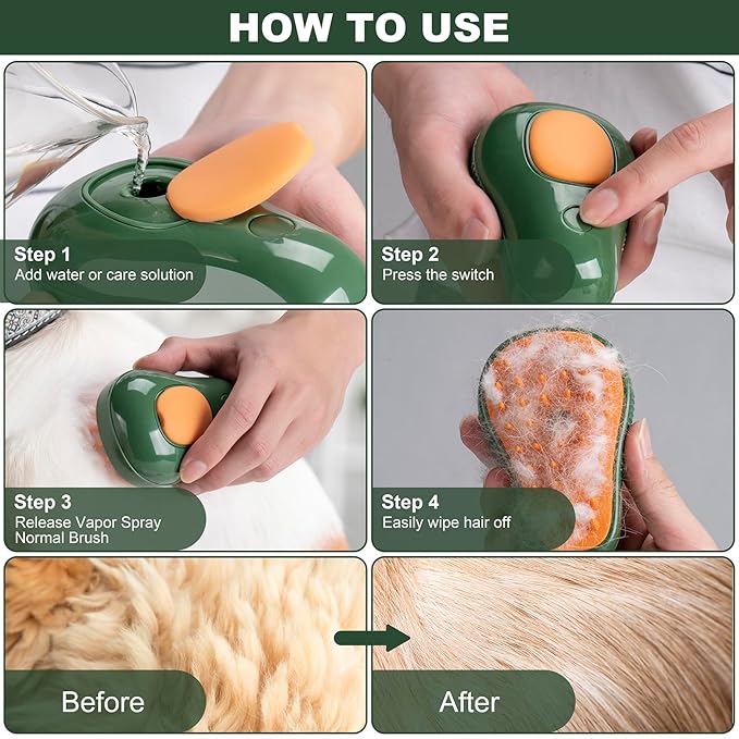 3-in-1 Steam Brush for Cat and Dog Deshedding - Portable Pet Hair Removal Tool for Indoor Shedding, Grooming Supplies
