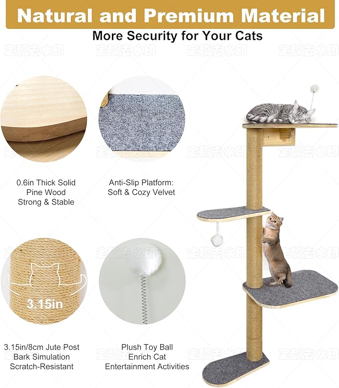 Wall Mounted Cat Tree for Kittens & Small Cats, 4-Tier Cat Wall Climber with Adjustable Grey Felt Platforms, Cat Shelves & Furniture, 49” Tall for Under 30lbs