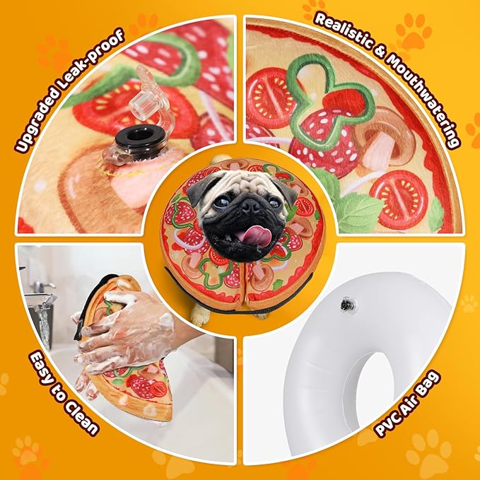 Grand Line Pizza Inflatable Collar for Dog and Cat, Soft Protective Recovery Cone After Surgery, Blow up Pet Donut Collar Cone, E-Collar Alternative Does not Block Vision (Cartoon,X-Large)