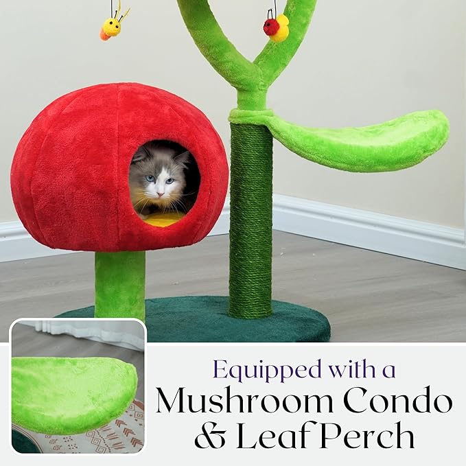 Catry 5-Level 40" Colorful Garden Style Cat Tree with Flower Perches, Leaf Hammock, Fruit Condo, Natural Sisal Scratching Post, Bee Toys, Parts Replaceable