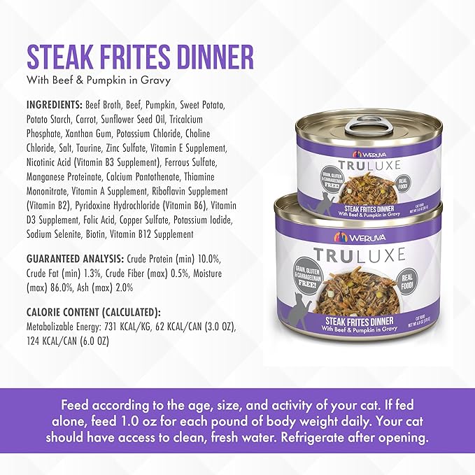 Weruva TruLuxe Cat Food, Steak Frites Dinner with Beef & Pumpkin in Gravy, 3oz Can (Pack of 24)