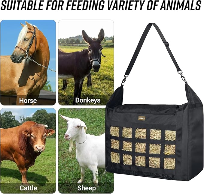 Hay Bag for Horses,Slow Feeder for Horse/Donkey/Goat, Premium 1680D Oxford Cloth,Easy to Fill and Hang with Extra Large Opening（Black）