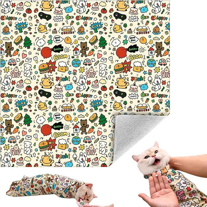 Cat Grooming Wrap, Self-Adherent Soft Cat Blanket to Wrap, Nail Clipping, Anti-Bite, Anti-Scratch, Anti-Escape Calming Wrap (Cute Prints, 6-10 lbs)