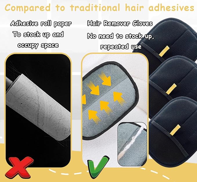Pet Hair Remover Electrostatic Gloves for Cats Dogs 2025 Reusable Cat Hair Removal Glove, Static Electricity Pet Hair Remover for Couch, Carpet, Clothing, Car Seats (3Pcs)