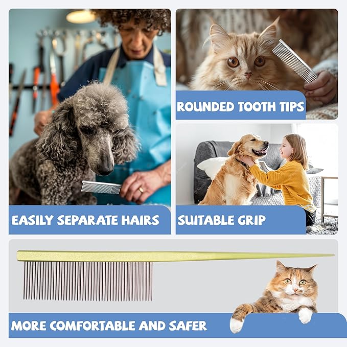 Grooming Pet Comb Rat Tail Dematting Cat and Dog Comb，Rounded Ends Design for Safe Tangle Removal, Hairstyling, Massage，Loose Hair Removal，Prevent Irritation，Fluffing Paws,Face,Tail,Remove Tear Stain