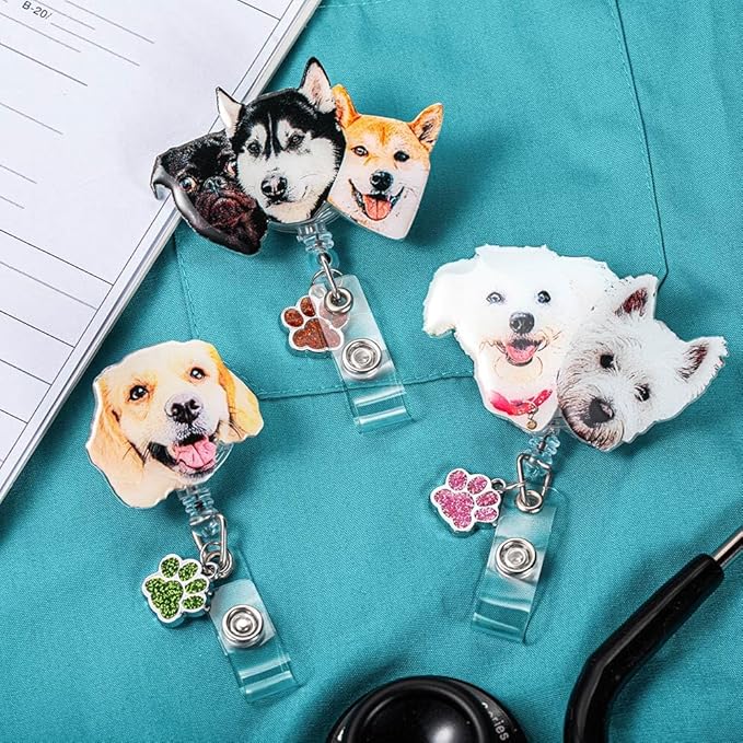 callie Personalized Pet Portrait Badge Reel - Custom Dog Cat Photo, Cute Badge Holder Retractable with Alligator Clip & Paw Charm, Gifts for Dog Lover Nurse RN CNA Doctor（2 Pets）