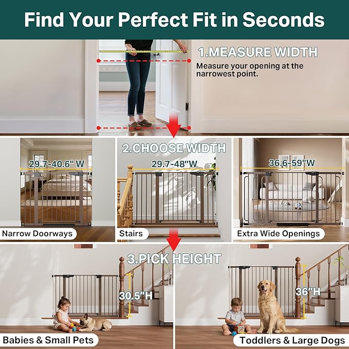 Cumbor 29.7-40.6" Baby Gate for Stairs, Mom's Choice Awards Winner-Dog Gate for Doorways, Pressure Mounted Auto-Close Pet Gates for Dogs Indoor, Safety Child Gate with Easy Walk Thru Door, Brown