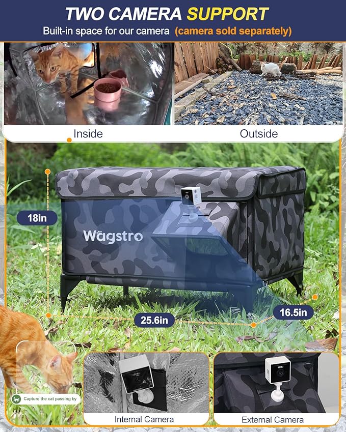 Heated Cat House for Outside, Insulated Weatherproof Heated Outdoor Cat House with Waterproof Eaves & Escape Door, Elevated Outdoor Cat Shelter for Feral Stray Cat (Black Camo, 25.6"x17"x18")