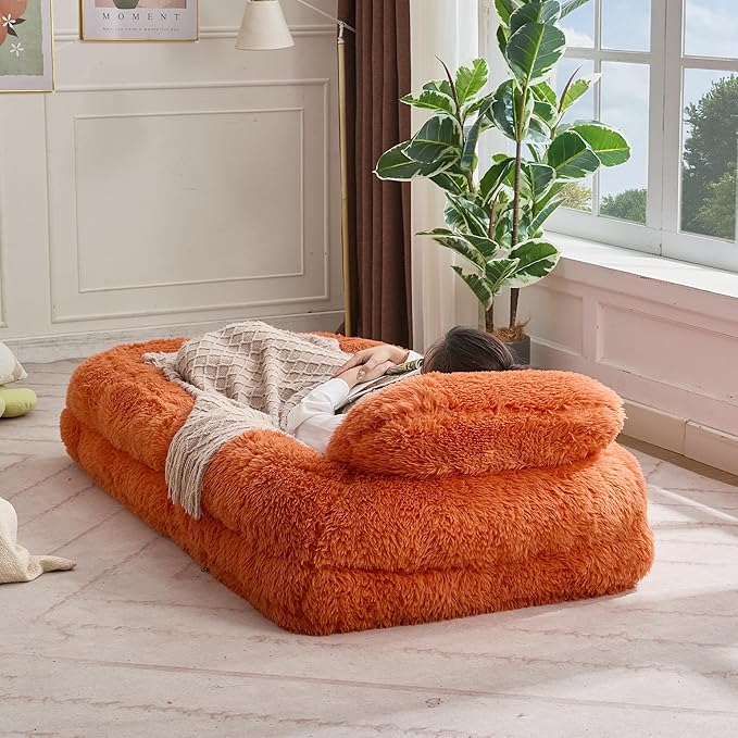 Orange Foldable Human Dog Bed - 69"x35"x12" Fits You & Pets with Comfy Pillow, Washable Faux Fur, Oversized Lounger Lazy Sofa Beds with 5 Adjustable Position