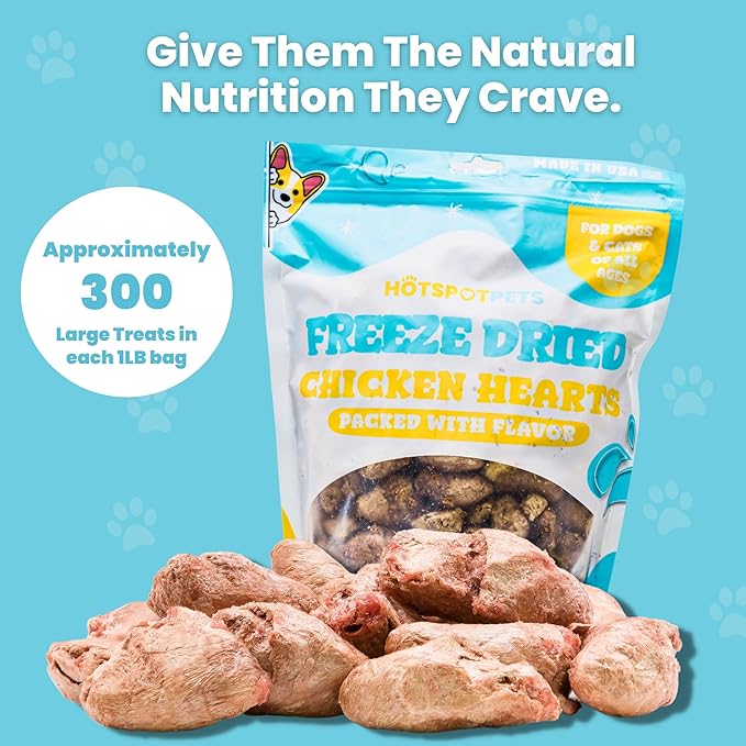 hotspot pets Freeze Dried Chicken Hearts for Cats & Dogs - 1LB Big Bag- Made in USA -Single Ingredient All Natural Grain-Free -Resealable Bag- Perfect for Training, Topper or Snack, Allergen-Free