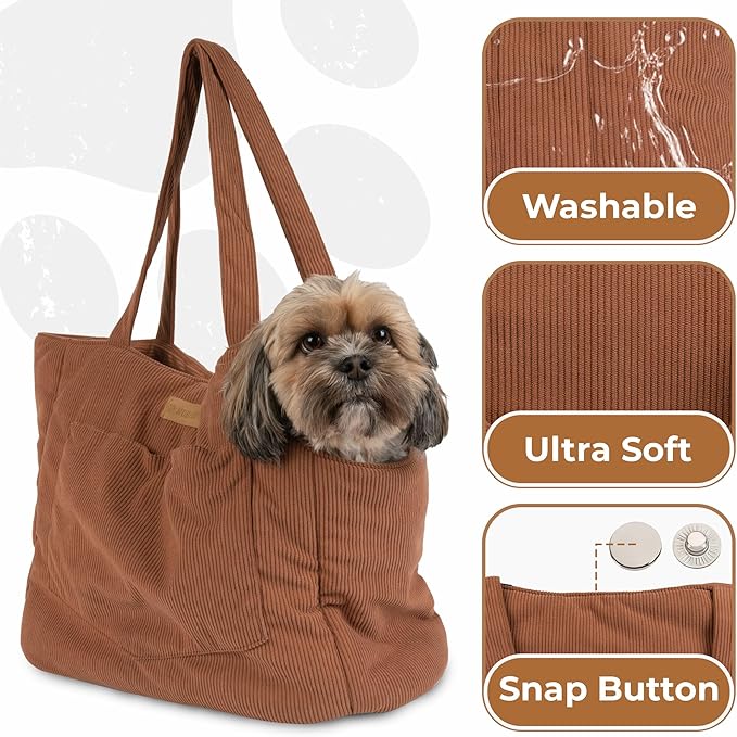 Corduroy Dog Carrier - Lightweight Cotton Soft-Sided Pet Tote with Safety Harness Clip - Breathable Travel Carrier for Small Dogs and Puppies (Brown)