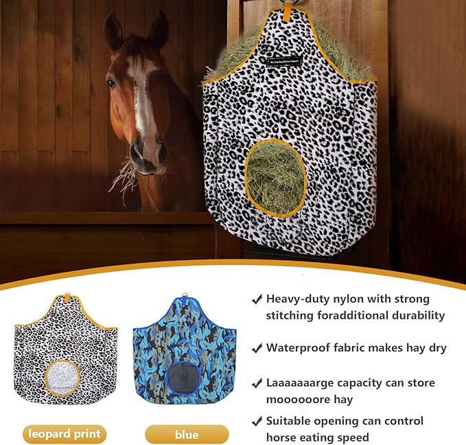 Horse Hay Bag Durable Oxford Fabric, Large Capacity Feeding Bag with Metal Snap Fastener, Slow Feeding Hay Sack, Ideal for Horse Cow Goats Donkey Perfect Hay Feeder with Open Feed Hole (Animal Print)