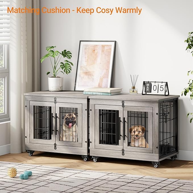 Lulive Small Dog Crate Furniture, Dog Kennel Indoor Double Doors Wooden Dog Cage, 27.1'' Heavy Duty Dog Crate with Cushion & Wheels, Decorative End Table Pet House Chew-Resistant for Small Dogs, Grey