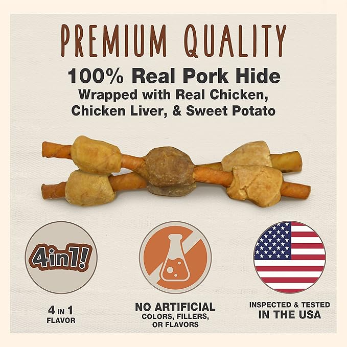 Cadet Gourmet Shish Kabob Dog Treats for Small Dogs, Healthy Natural Chicken, Duck, & Sweet Potato Chews, Pork Hide, 5-Inch Sticks, 18 Count