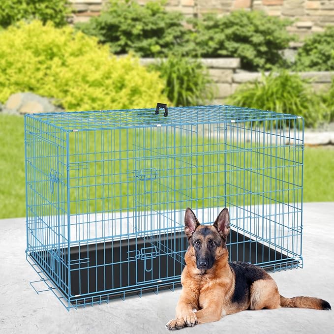 BestPet | Dog Crate | 42" | Blue | Foldable Metal Kennel with Double Doors, Secure Slide-Bolt Latches, Leakproof Tray | Portable Dog Cage for Large Breeds | for Travel, Indoor & Outdoor Use