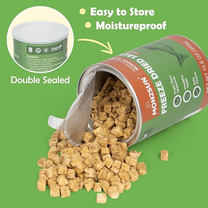 MON2SUN Freeze Dried Salmon Cat and Dog Treats, Single Ingredient Natural and Healthy Dog Snacks, High Protein Training Treats & Food Topper, 6oz