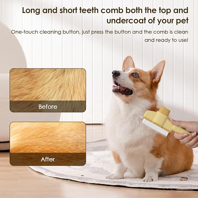 Flea Comb for Cat Hair Removal Comb, 2025 New Self-Cleaning Flea Brush for Cats and Dog, Comfort Cat Hair Removal Tool with Long & Short Stainless Steel Metal Grooming Brush(Yellow)