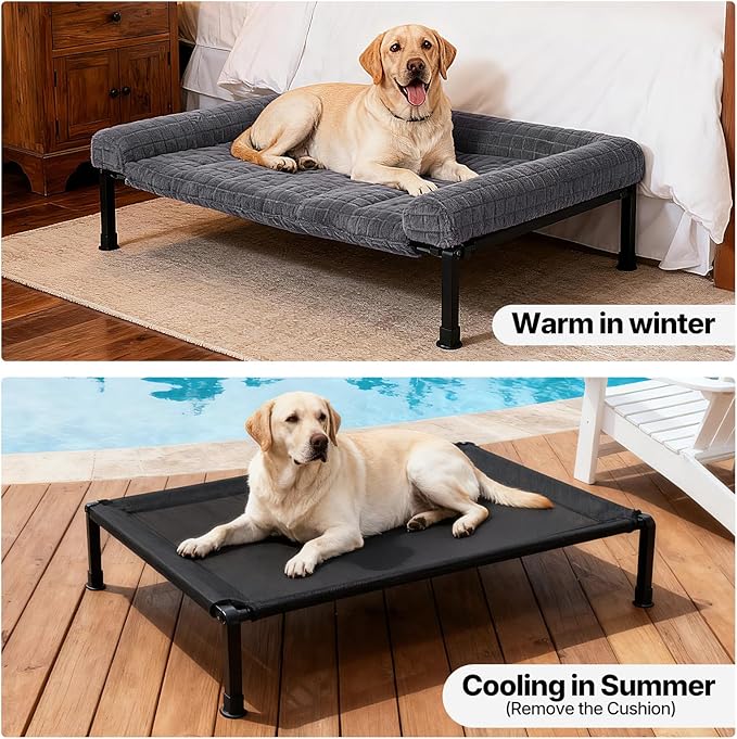 Veehoo Elevated Dog Bed Large Sized with Fluffy Plush Bolster Cushion, Washable Orthopedic Dog Couch Bed, Cooling Raised Pet Cot with Removable Mat, Breathable Mesh, No-Slip Feet, 45 x 34 inches, Grey