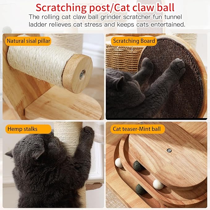 Solid Wood Cat Tree, 50 Inch Modern Cat Tower with Space Capsule, Hand-Woven Basket Nest, Sisal Posts & Scratching Board, Heavy-Duty Multi-Level Indoor Tower