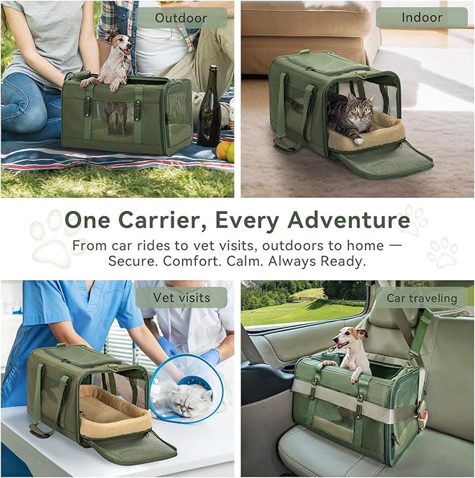 Petsfit 19x12x12 Pet Carrier for Large Cats (up to 20 lbs), Soft-Sided Small Dog Travel Carrier, Upgraded with Patented Buckle and Soft Padding, Ideal for Car Road Trips Green