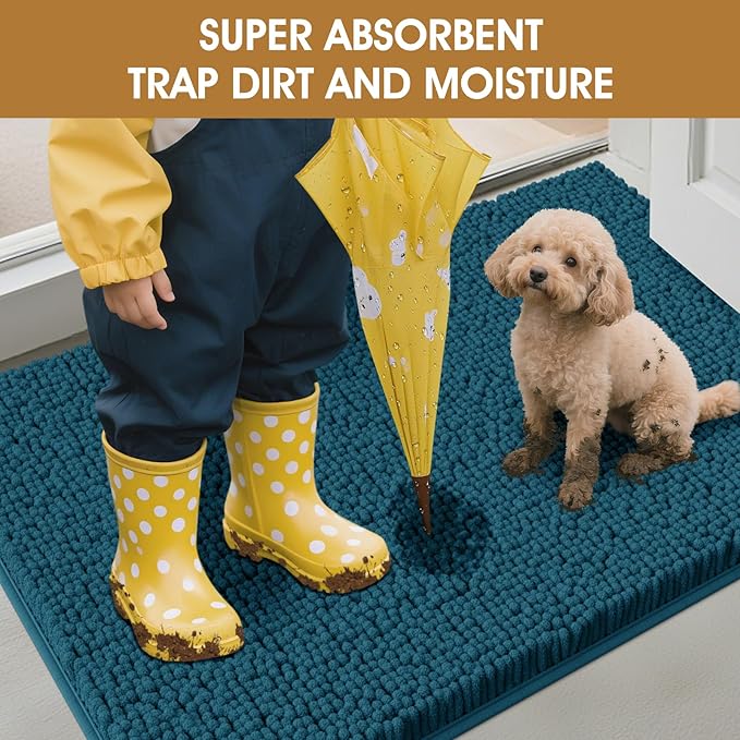 IM HOME Extra Large 71" x 25" Teal Blue Dog Door Mats for Muddy Paws, Chenille Absorbent Dog Mat, Non Slip Heavy Mud Mat for Dogs, Soft Pet Bed Mat for Entryway, Mud Paws, Inside Floor