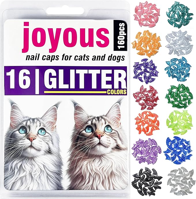 joyous 16x Glitter Colors / 160 pcs | Cat Nail Caps | Cat Claw Covers with Adhesives and Applicators (XS)