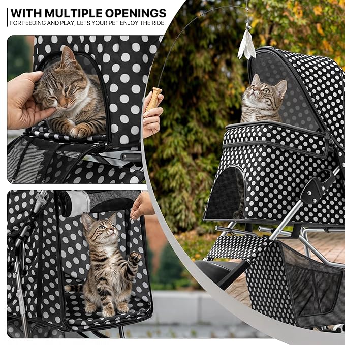 MoNiBloom 3 Wheels Pet Dog Cat Stroller for Small Medium Dogs Cats, Foldable Jogger Stroller w/Storage Basket and Cup Holder, Black Polka Dots