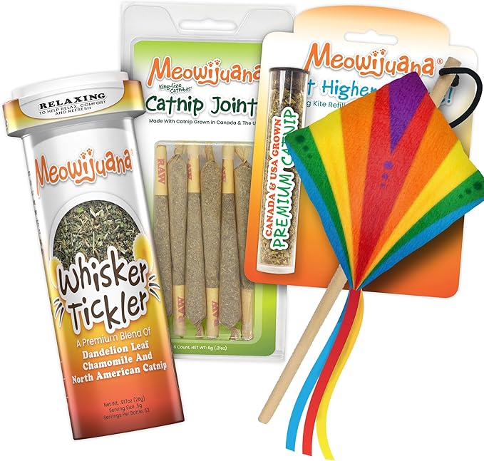 Meowijuana Get Higher Bundle | Get Higher Kite Refillable Toy, King Size Catnip Joints, and Whisker Tickle | Hand Harvested and Rolled Dried High Potency Catnip | Grown in North America