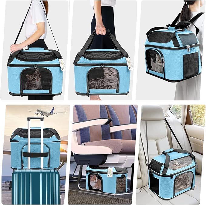 Large Cat Carrier for 2 Cats Soft Side Pet Carrier for Kitten Small Dog Collapsible Travel Small Dog Carrier, TSA Airline Approved Carrier for Large Cats 20 lbs, Blue