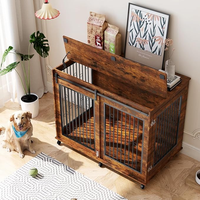 IchbinGo Large Dog Crate Furniture, 47" Wooden Dog Kennel with Sliding Barn Door, Flip-Top Lid & Wheels, Indoor Pet Crate Table with Detachable Divider for Small/Medium/Large Dogs (Rustic Brown)