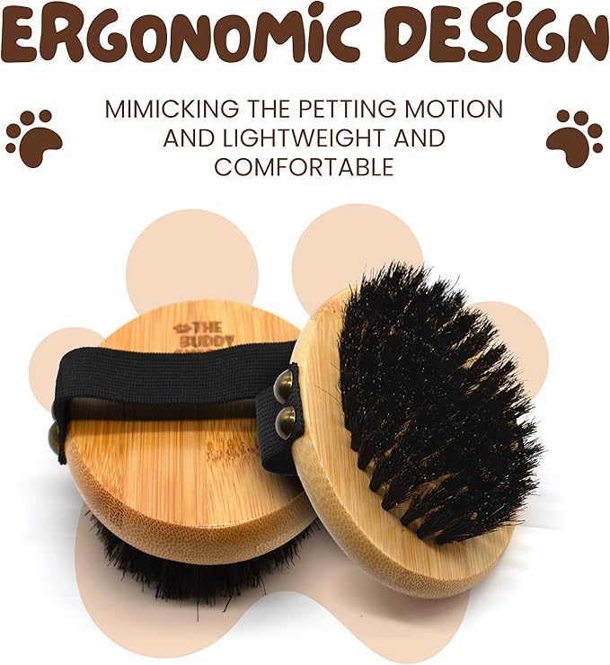 The Buddy System Pet Close Brush, Soft Touch Oval Palm Brush - Bamboo Massage Handheld with Soft Boar Bristles and Elastic Band for Dogs and Cats 2 Pack