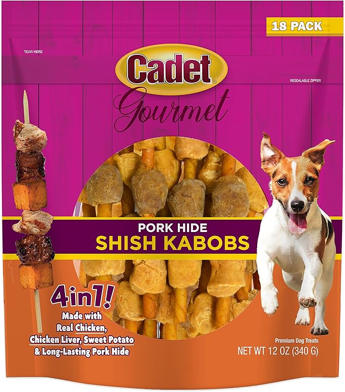 Cadet Gourmet Shish Kabob Dog Treats for Small Dogs, Healthy Natural Chicken, Duck, & Sweet Potato Chews, Pork Hide, 5-Inch Sticks, 18 Count