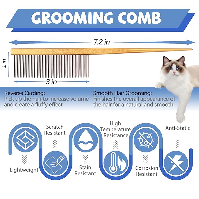 Grooming Pet Comb Rat Tail Dematting Cat and Dog Comb，Rounded Ends Design for Safe Tangle Removal, Hairstyling, Massage，Loose Hair Removal，Prevent Irritation，Fluffing Paws,Face,Tail,Remove Tear Stain