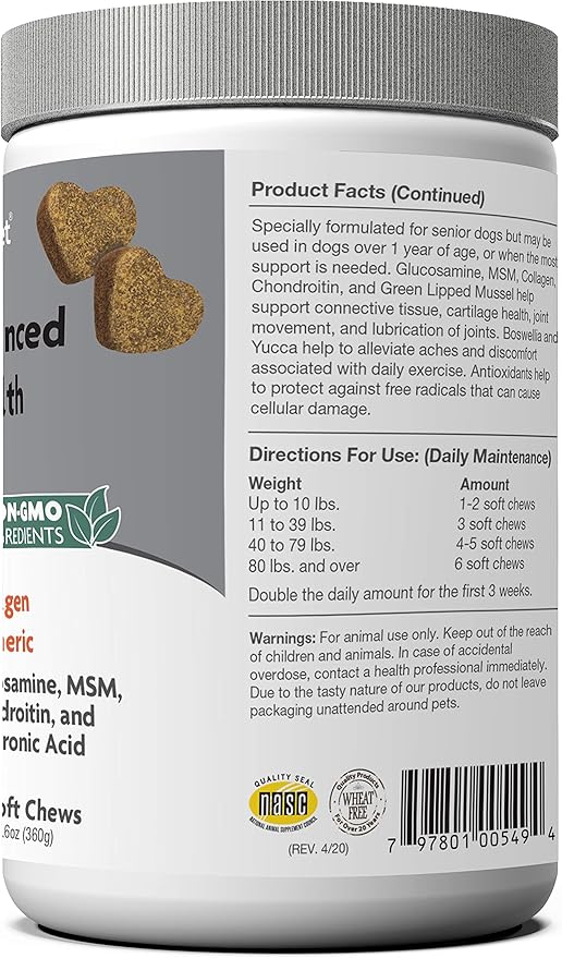 NaturVet Senior Advanced Joint Health Dog Supplement – Includes Glucosamine, MSM, Chondroitin, Collagen – Helps Supports Canine Joint Health Function – 120 Ct. Soft Chews