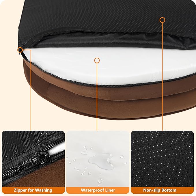Dwanton Orthopedic Dog Bed for Extra Large Dogs with Gel Memory Foam, Waterproof Dog Sofa, Washable Pet Bed with Four Sided Bolster Cushion, Removable Cover & Non-Slip Bottom, 45", Brown