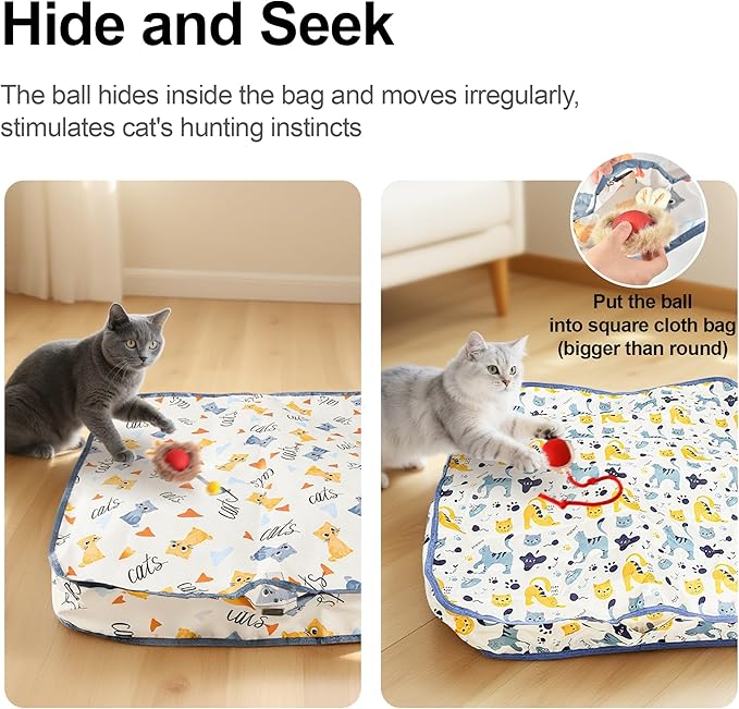 Interactive Cat Toys Ball - 2pcs Automatic Fast Rolling Ball in Play Mat, Hide and Seek Mouse Catching Game, Low-Noise Cat Enrichment Toys in Pouch for Indoor Bored Cats(Paw Print Pattern - Square)