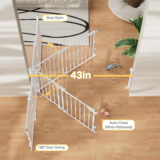 Cumbor 29.2–43" Baby Gate for Stairs, Wall-Mounted (Drill Required), Expandable No Bottom Bar Dog Gate, Auto Close Extra Wide Walk Thru, Pet & Toddler Proof Gate, Top & Bottom of Stairways (White)