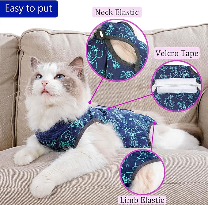 Cat Surgery Recovery Suit Cat Onesie for Cats After Surgery for Surgical Abdominal Wound Or Skin Diseases E-Collar Alternative Wear Neutering Bodysuit Wear (Dark-Blue-S)