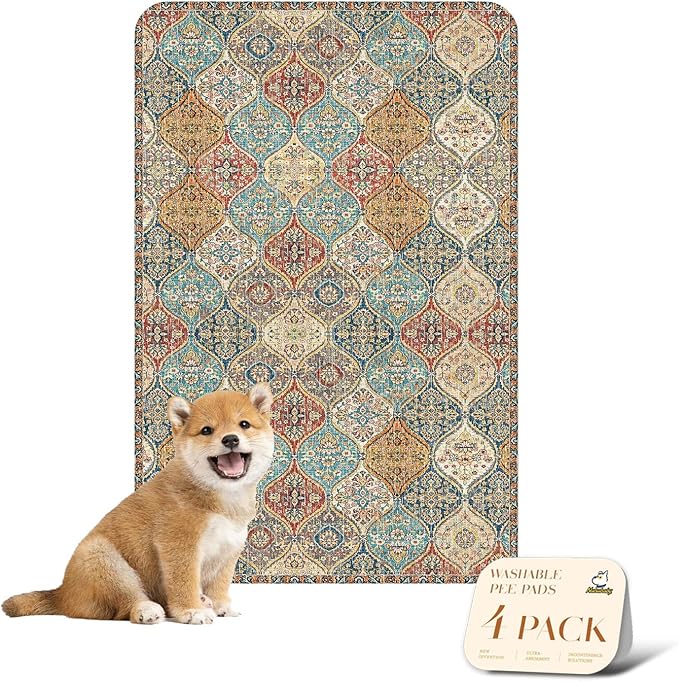 nunubaby 4PACK Washable Pee Pads for Dogs, Stylish, Non-Slip and Leak-Proof Pee Pads. Reusable Potty Pads for Dogs for Crates and Floors.(Cream/Multi, 24" x36")