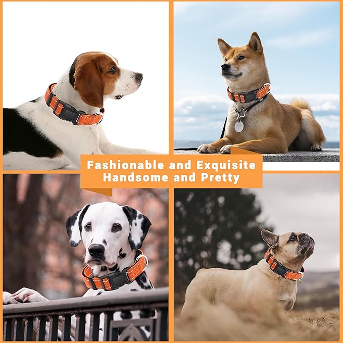 2 Pack Reflective Dog Collar with Safety Locking Buckle, Adjustable Soft Breathable Comfortable Nylon Pet Collar for Small, Medium and Large Dogs, Orange, L