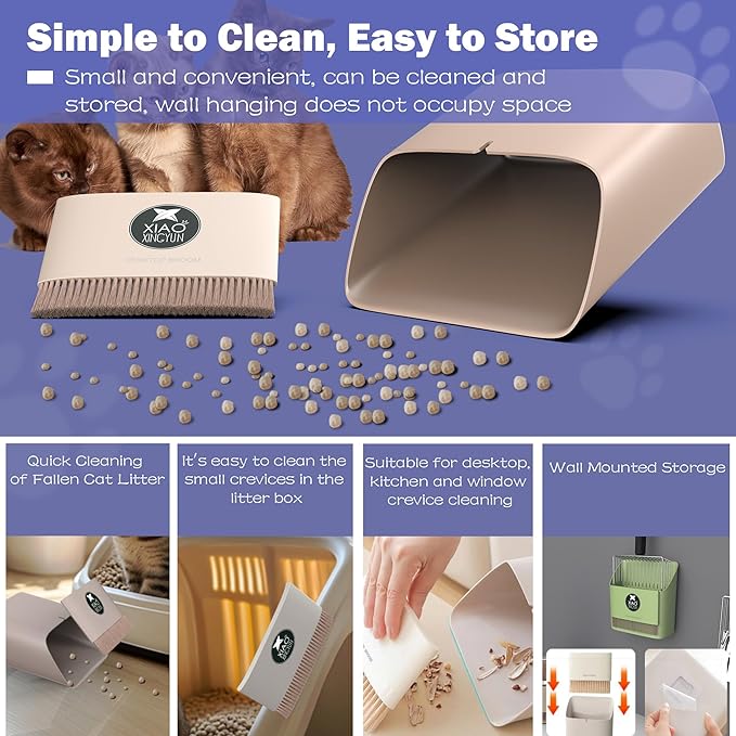 Cat Litter Scooper with Holder, Metal Litter Scoop Includes Portable Small Broom and Dustpan Set, Heavy Duty Stainless Steel Litter Scoop with Coarse and Fine Grid, Quick Sift and Easy Clean
