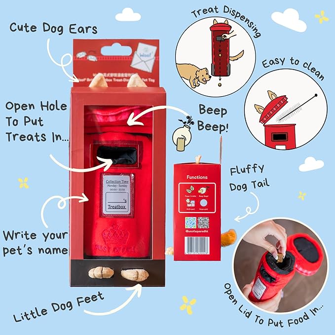British Postbox Treat-Dispensing Soft Plush Squeaky Pet Toy - Iconic UK Enrichment Gift, Durable Cute & Fun Toy for Interactive Play, Hide Food for Nose-Work Puzzle, Small Medium Dogs
