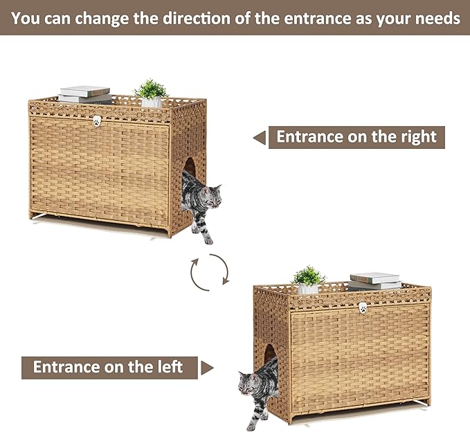 Cat Litter Box Enclosure with Soft Litter Mat; Hidden Cat Washroom Furniture with Door; Handwoven Rattan Kitten House with Large Space; Pet Crate for Living Room, Bedroom, Balcony (Natural)