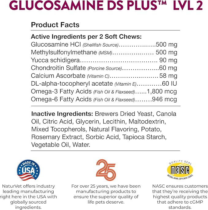 NaturVet – Glucosamine DS Plus - Level 2 Moderate Care – Supports Healthy Hip & Joint Function – Enhanced with Glucosamine, MSM & Chondroitin – for Dogs & Cats–120 Soft Chews