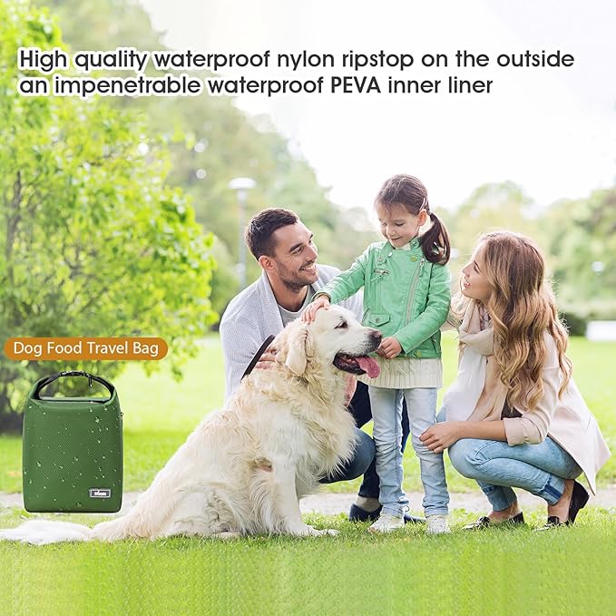 Dog Food Travel Bag,Pet Food Container 20 lb w/2PCS Collapsible Dog Travel Bowls and Zipper Side Pocket(Green, Large)