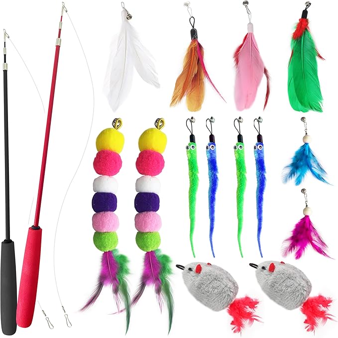 Retractable cat wand toys, 14PCS teaser refills-feather & worm refills and chirping mouse toy, interactive cat teaser toys for indoor cats, fishing pole games for bored indoor kitten exercise & play
