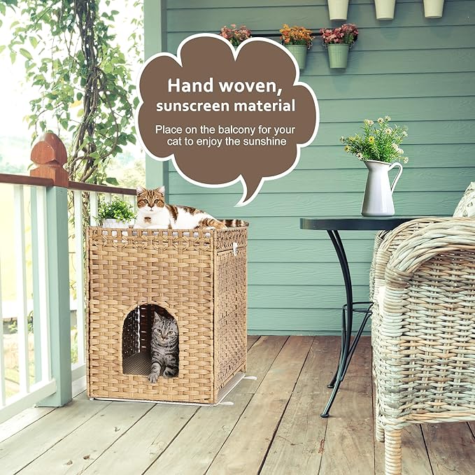 Cat Litter Box Enclosure with Soft Litter Mat; Hidden Cat Washroom Furniture with Door; Handwoven Rattan Kitten House with Large Space; Pet Crate for Living Room, Bedroom, Balcony (Natural)